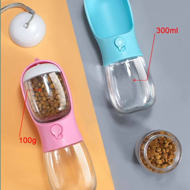2 in 1 - 300ml Portable Travel Pet Water Cup Bottle with Food Dispenser