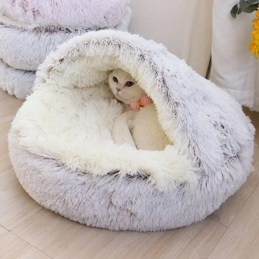 Soft Plush Pet Bed with Round Cover for Cats and Small Dogs